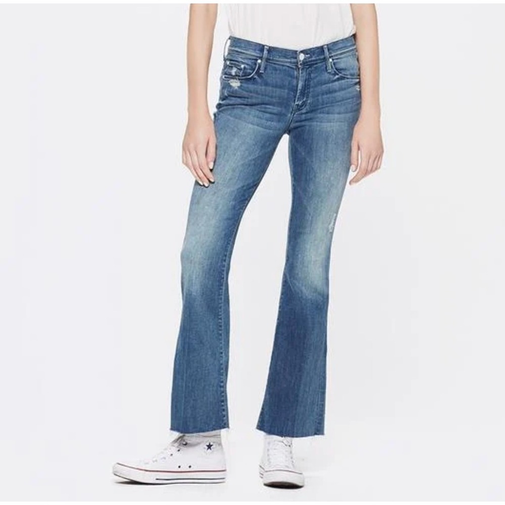 Mother The Weekender Fray Flared Jeans in Graffiti Girl Blue Denim Women 26 USA
